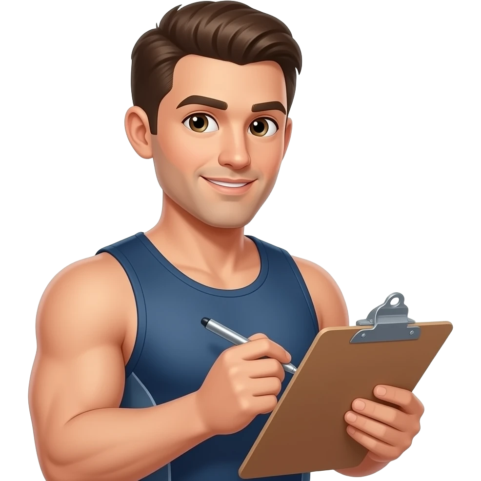 Gym bro holding a clip board close up. As a coach writing down a person running record emoji