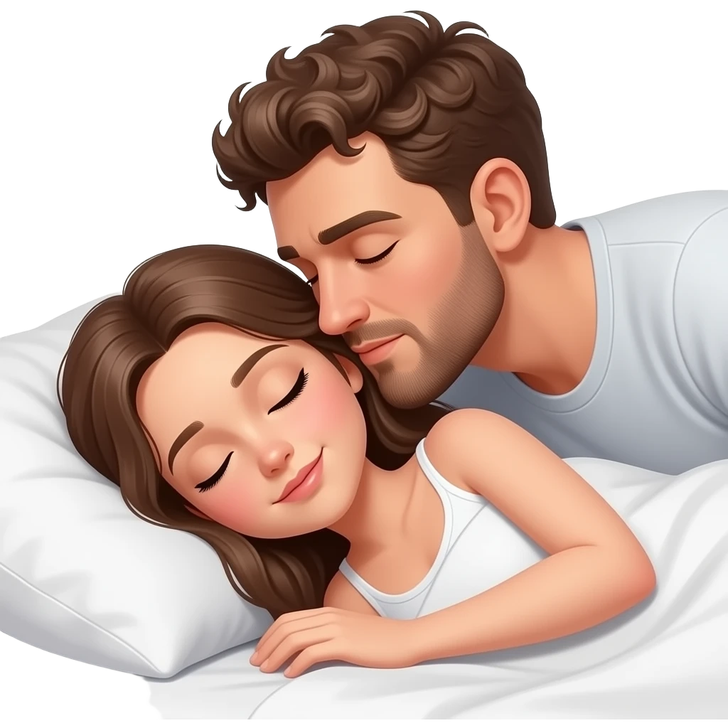 Realistic white man brown super short curly hair with beard kissing while sleeping in bed realistic white girl brown hair emoji