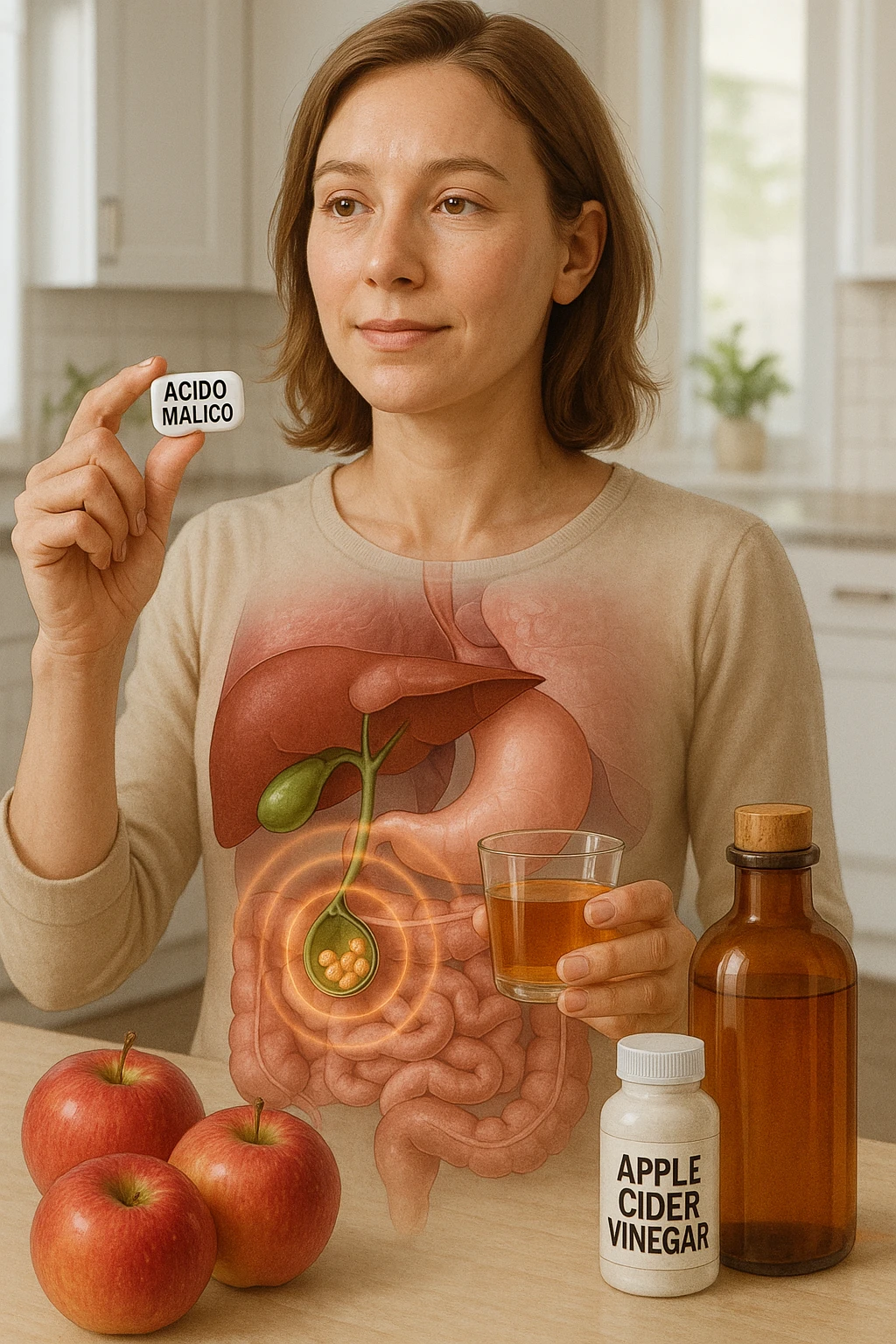 A detailed, realistic illustration or photo-style image showing a person holding a small glass of apple cider vinegar in one hand and a capsule labeled ‘Acido Malico’ in the other. In the foreground or as an overlay, a semi-transparent anatomical view of the abdomen highlights the gallbladder with visible small gallstones inside. Around the gallstones, gentle glowing waves or soft dissolving effects symbolize the softening or breakdown of the stones due to the natural acids. The person looks hopeful and calm, in a bright kitchen setting with fresh apples and natural health products on the counter. The overall mood is informative, natural, and hopeful about non-invasive, natural support for gallstone health emoji