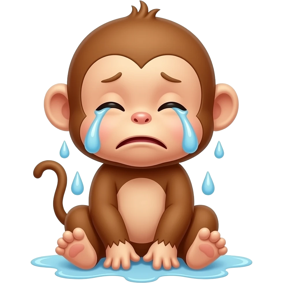 A cute baby monkey emoji sitting and crying, tears falling from eyes, slowly looking up, emotional animation, smooth motion, cinematic lighting emoji