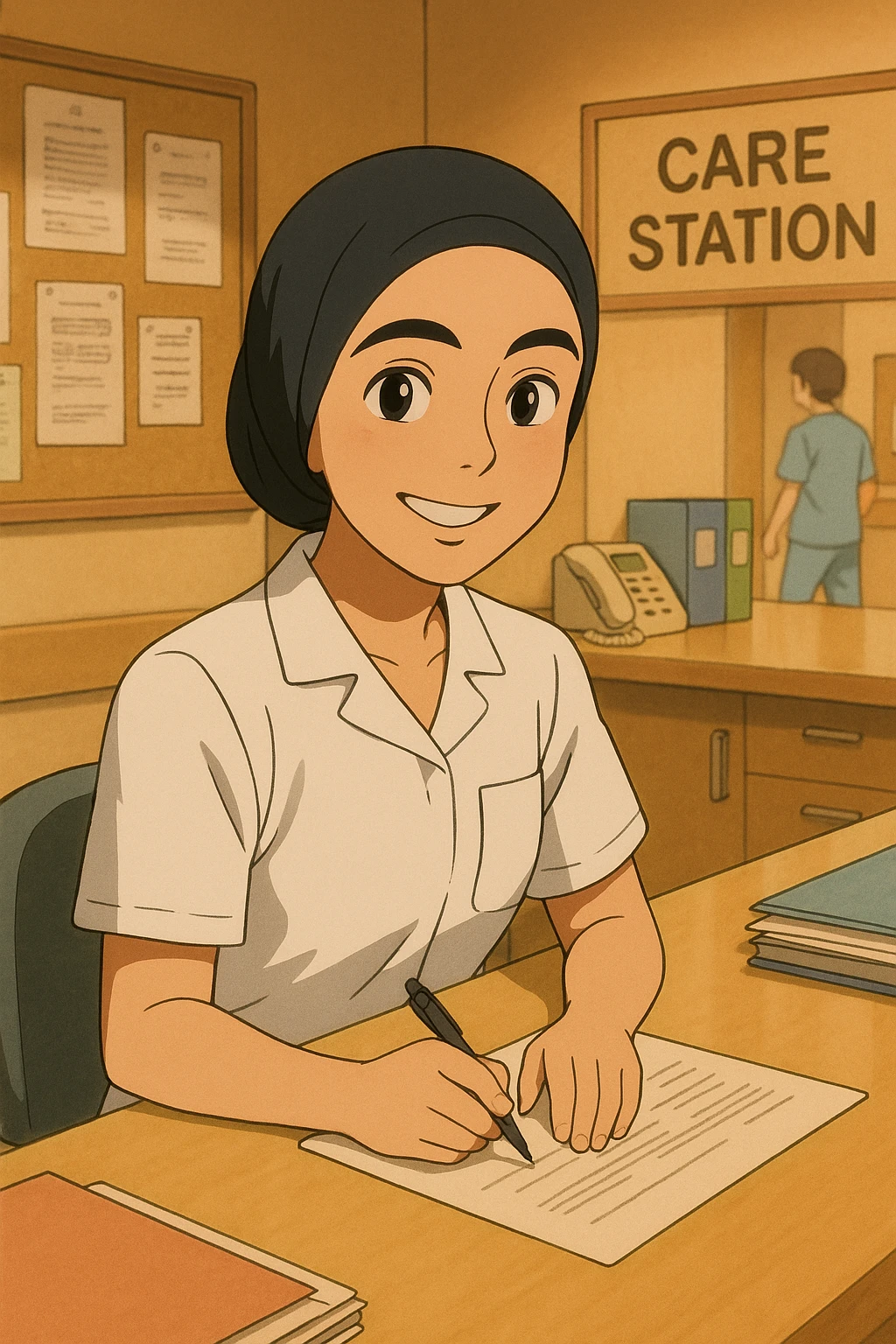 Étudiante infirmière en style Ghibli, travaillant dans un poste de soin, portant un uniforme blanc à manches courtes sans pied de col ni stéthoscope, haut de type tunique médicale avec col en V et poche poitrine à gauche, pas de tissu dépassant des manches, inspirée de la personne sur la photo, ambiance chaleureuse et collaborative. emoji