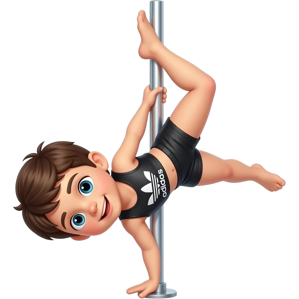 Niño haciendo pole dance con un short negro adidas emoji
