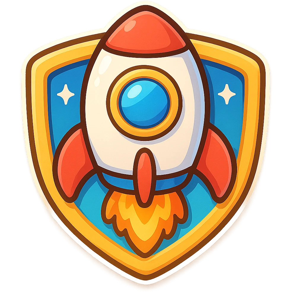 rocket badge, playful cartoon style, bold colors, outlined, fun and energetic, for gamified app emoji