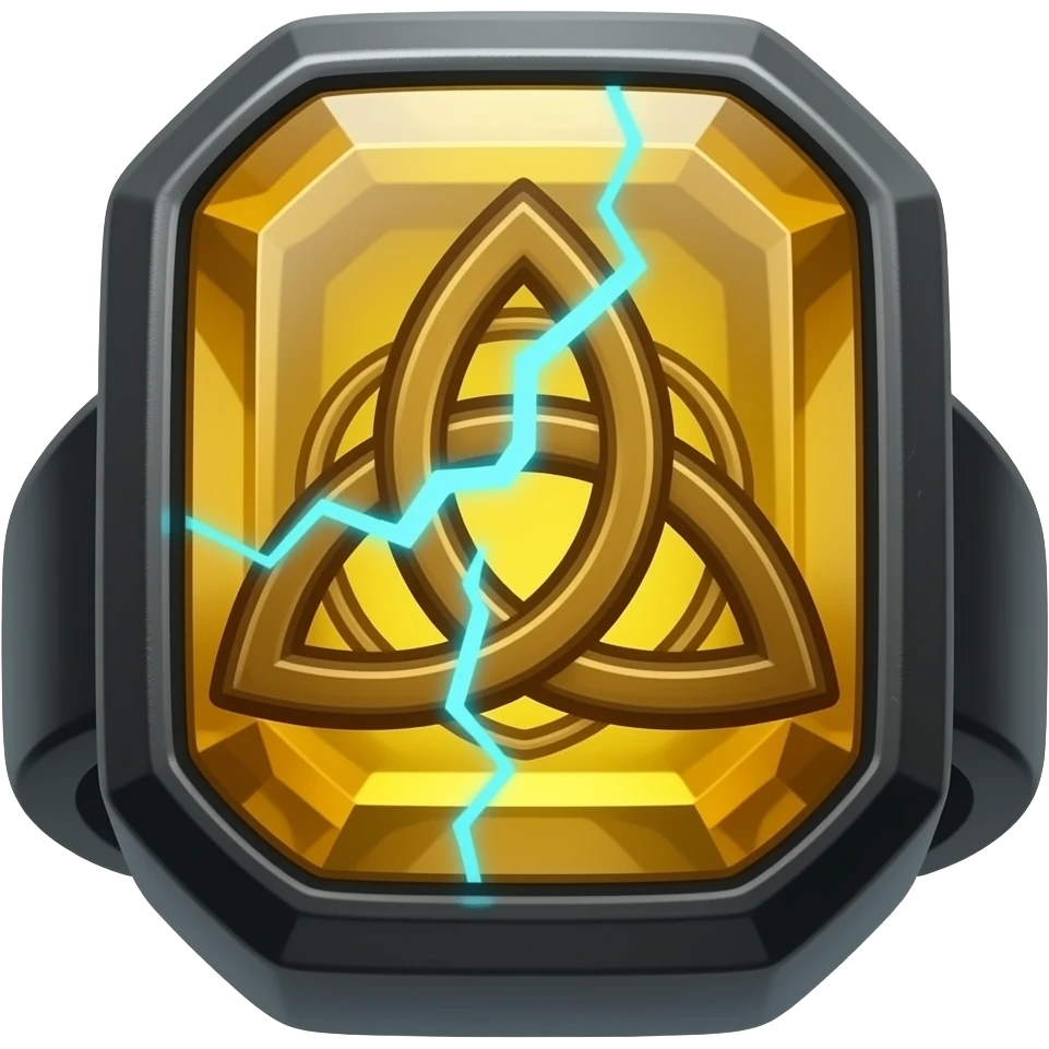 A obsidian ring with a BIG yellow gem, that has a triquetra carved into it, and a crack goin through it glowing light blue emoji