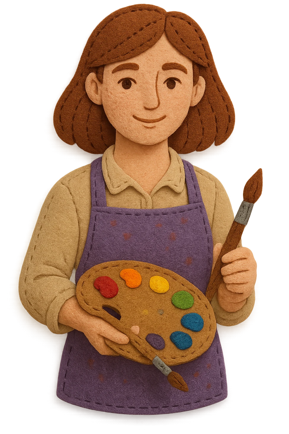 Serene female oil painter, Caucasian features, shoulder-length auburn hair, soft brown eyes, gentle smile, wearing a violet painter’s apron lightly stained with paint over a beige blouse, holding a wooden palette with vibrant colors in one hand and a brush in the other, waist-up, front-facing emoji