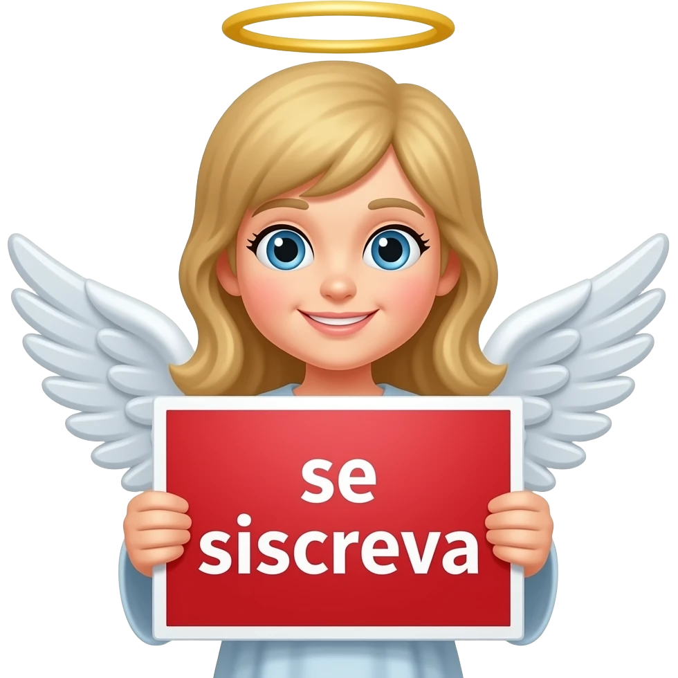um anjo segurando uma plaquinha vermelha escrito em branco em português brasileiro "se inscreva" emoji