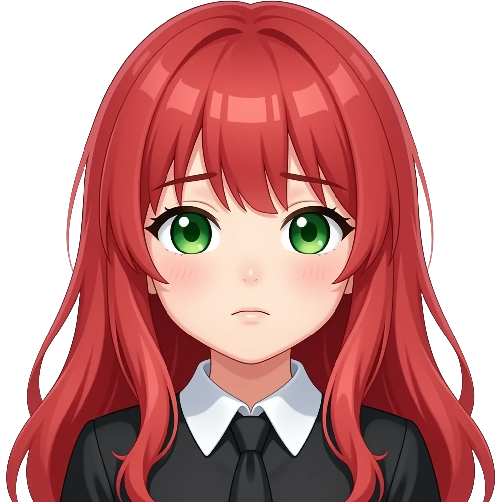 anime girl relieved eyes closed long red hair green eyes black blouse with white collar emoji