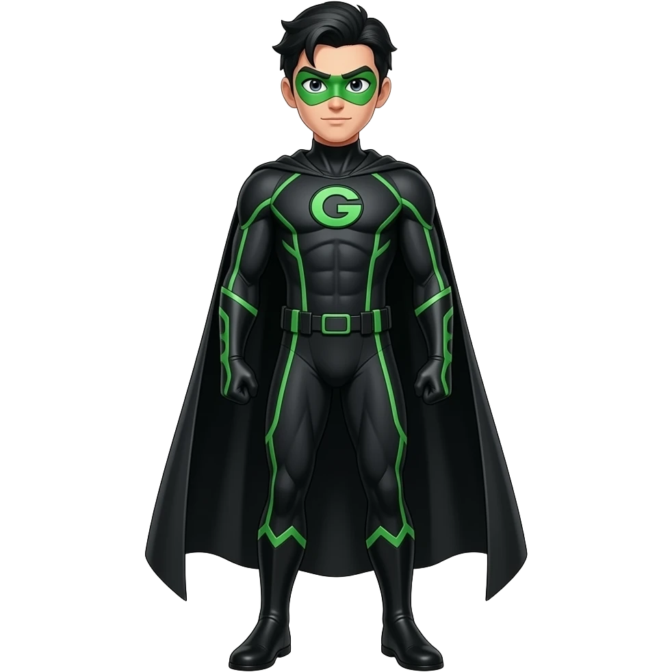 Anime black male superhero suite all black and green lines black slick back hair green masks and very long black cape letters G on the suite very tall full body emoji