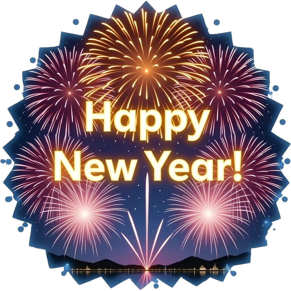 a firework display with the words 'Happy New Year!' over it emoji