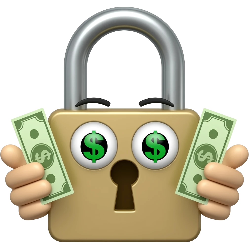 A lock with money in hands and green dollar sign eyes emoji