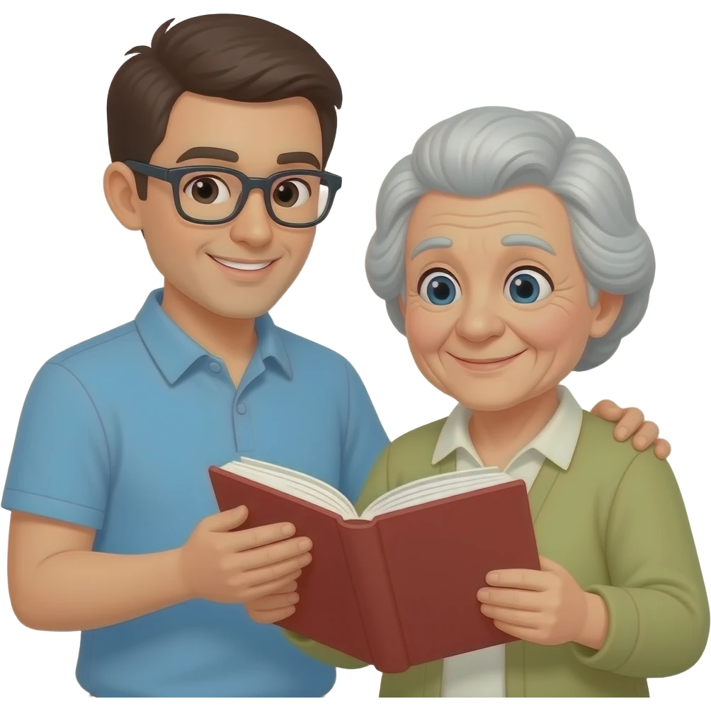 adult teaching an older adult to read emoji