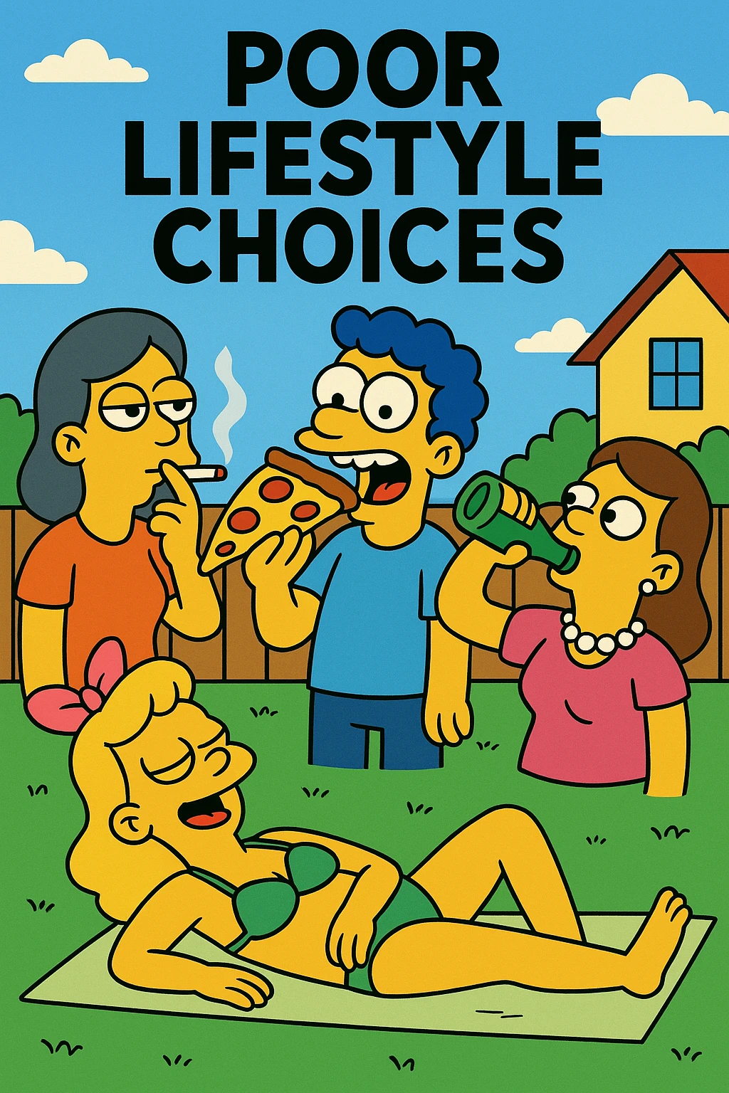 A magazine cover called Poor Lifestyle Choices with images of people smoking, eating pizza, drinking alcohol and sunbathing emoji