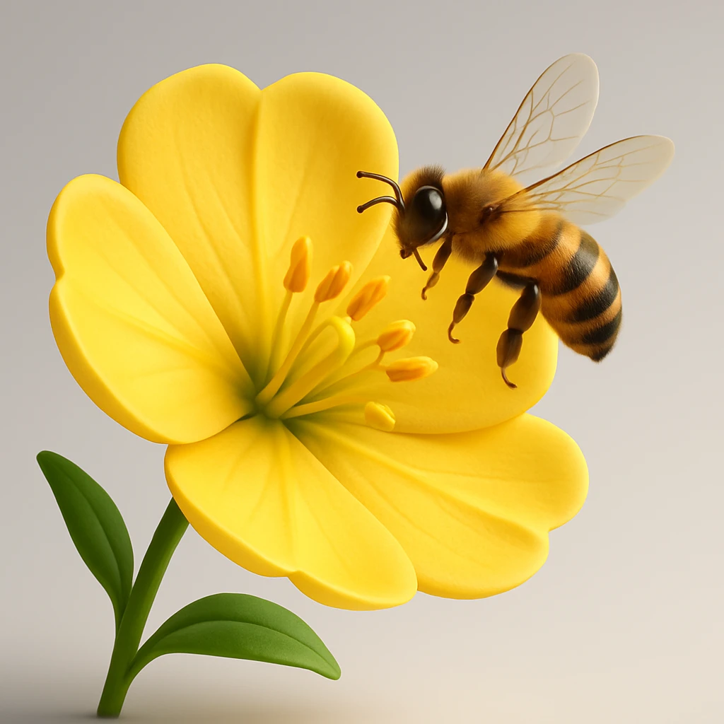 Add maximum volume to the evening primrose flower and the bee, making both very three-dimensional with expressive light and shadow and depth, in a modern 3D iOS style with a clean background. emoji