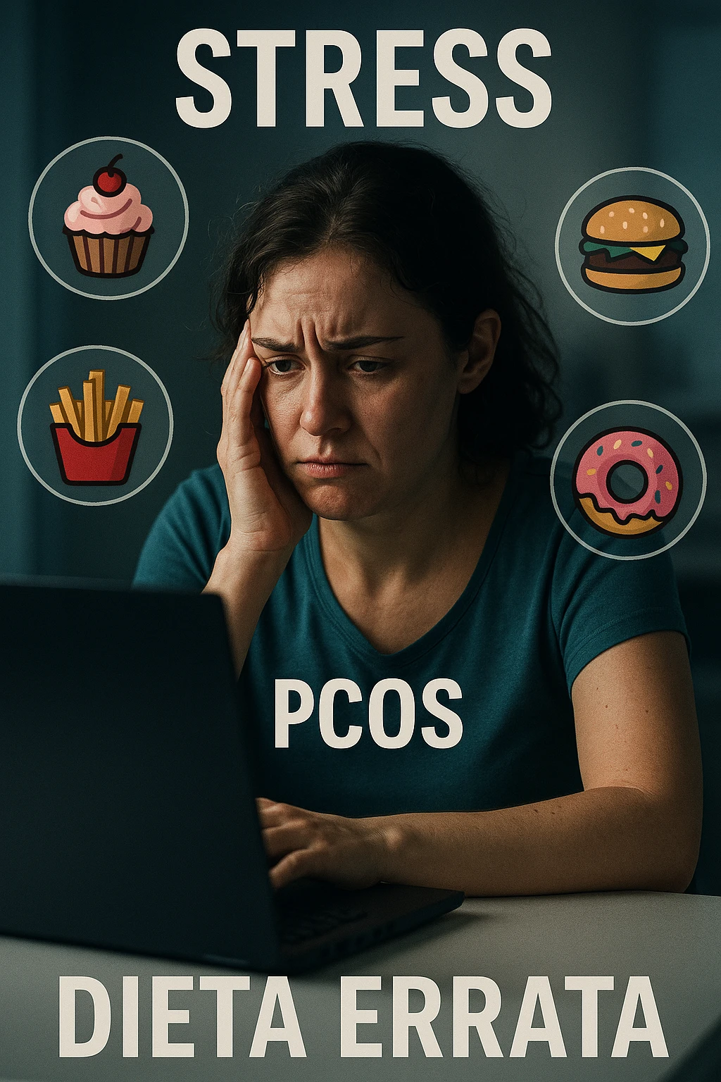 Donna con PCOS che segue una dieta errata, visibilmente stressata, con espressione tesa e segni di aumento dello stress, simboli di cibi non adatti, atmosfera clinica, luci drammatiche, didascalie in italiano, aspect ratio 2:3 emoji