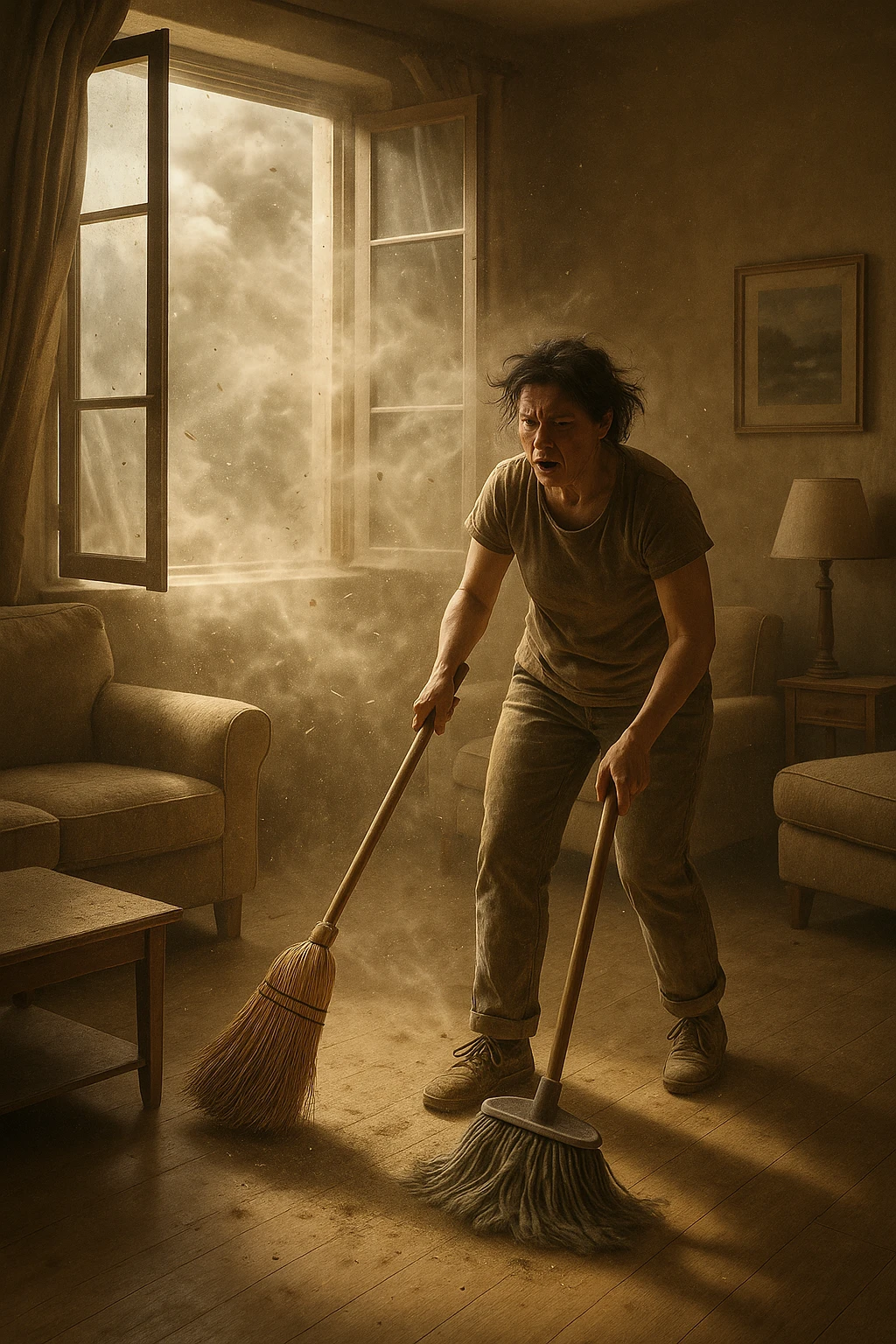 A realistic, cinematic image of a person cleaning a living room with a mop and broom, windows wide open letting in a strong gust of wind. Through the open windows, thick clouds of dust, pollen, and small debris visibly swirl into the room, floating in sunbeams that highlight the particles in the air. The person looks frustrated and tired, mid-action sweeping but clearly battling the incoming dust. Around the room, some furniture and surfaces already show a thin layer of dust settling. The scene is bathed in natural daylight with a slightly hazy atmosphere due to the airborne dust. The color palette uses warm, muted tones emphasizing the contrast between cleanliness efforts and the stubborn dirt and dust invading the space. The focus is on the tension between trying to clean and the unavoidable mess coming in from outside. emoji