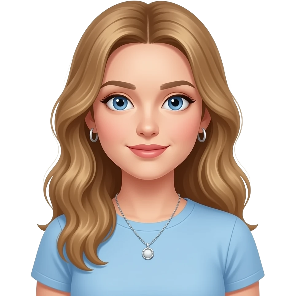 woman, blue eyes, late twenties, mousey blonde hair, long wavy hair with middle parting, baby blue t shirt, silver pendant necklace, small silver hoop earrings emoji