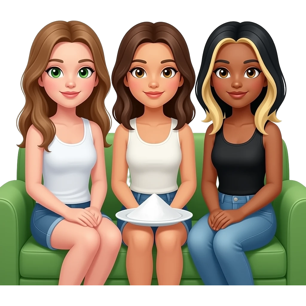Three girls sitting on a green sofa with white powder on a plate on her lap. One brownish blonde hair long and green eyes with white tank top, one brunette, and one black hair with blonde highlights emoji