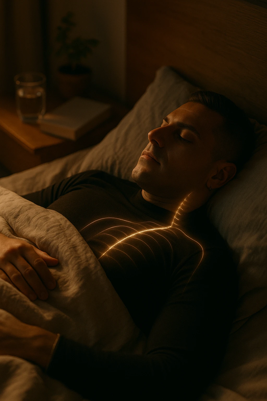 A cinematic close-up of a man in his early 30s sleeping peacefully on his back in a softly lit bedroom. His breathing is calm, chest rising slowly. The sheets are slightly crumpled, natural linen textures in warm beige tones. His face is relaxed, with faint light illuminating the side of his cheek and temple from a nearby window. Around his body, faint glowing lines follow the spine and head, symbolizing deep nervous system recovery and hormonal balance. On the nightstand: a glass of water, a book, and no electronics. The room is quiet and grounded, with natural elements like a small plant and a wooden headboard. Shot in 35mm cinematic style, with warm ambient tones, shallow depth of field, and a peaceful, healing atmosphere emoji