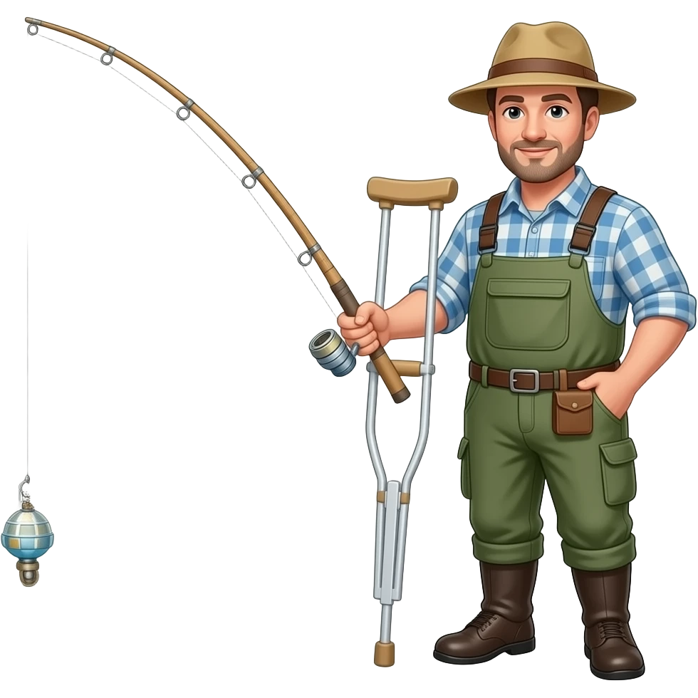 a fisherman holding a medical  crutch using it as a fishing pole emoji