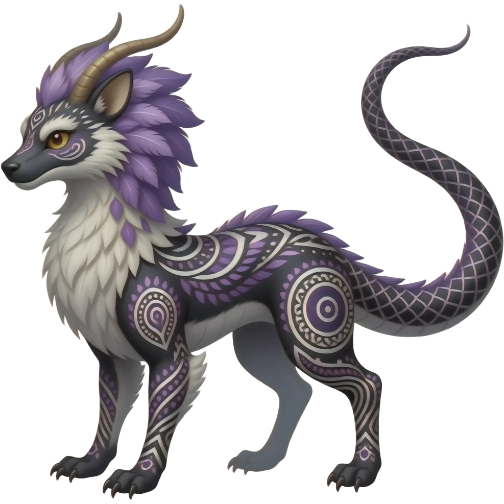 Slim elegant realistic Oriental Asian Furry, tribal-marked-patterned feathery fluffy tropical flecked painted feathery scaly, Purple, white, black, Minccino-Bambino-Lykoi-Linoone-Zangoose-fusion-hybrid-animal-Fakémon-creature, full body, thin long sleek scaly tail, intricate markings emoji