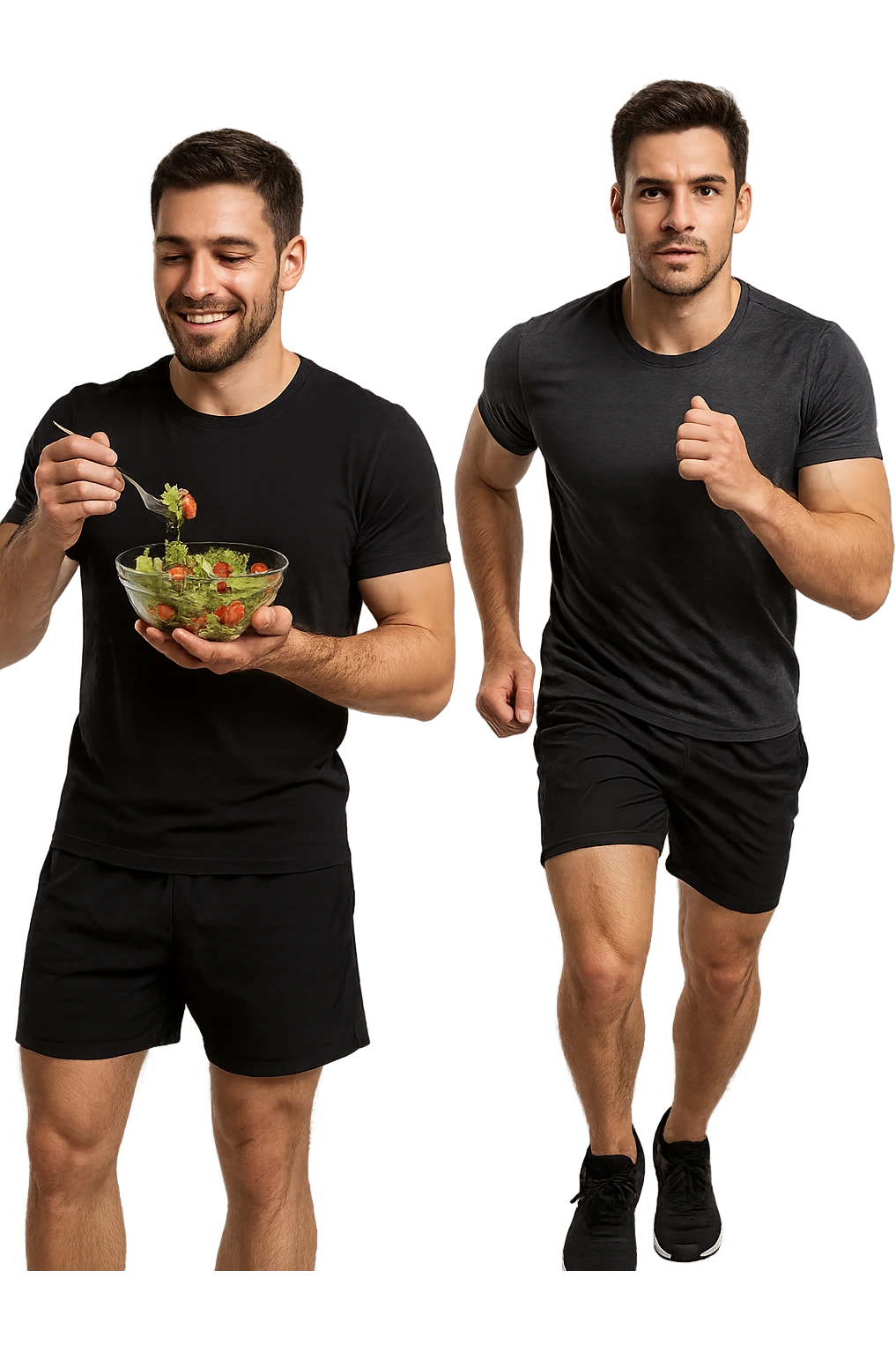 UOMO FITNESS CHE MANGIA INSALATA ACCANTO A UOMO FITNESS CHE CORRE IN POSA FRONTALE emoji