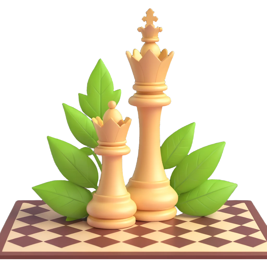 Add green leaf details to the 3D queen chess piece, maintaining its elegant and polished look, with no background. emoji