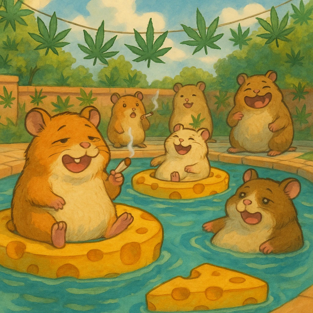 hamsters at a stoner cult pool party, cheese floats, weed leaves, and silly expressions, Ghibli style emoji