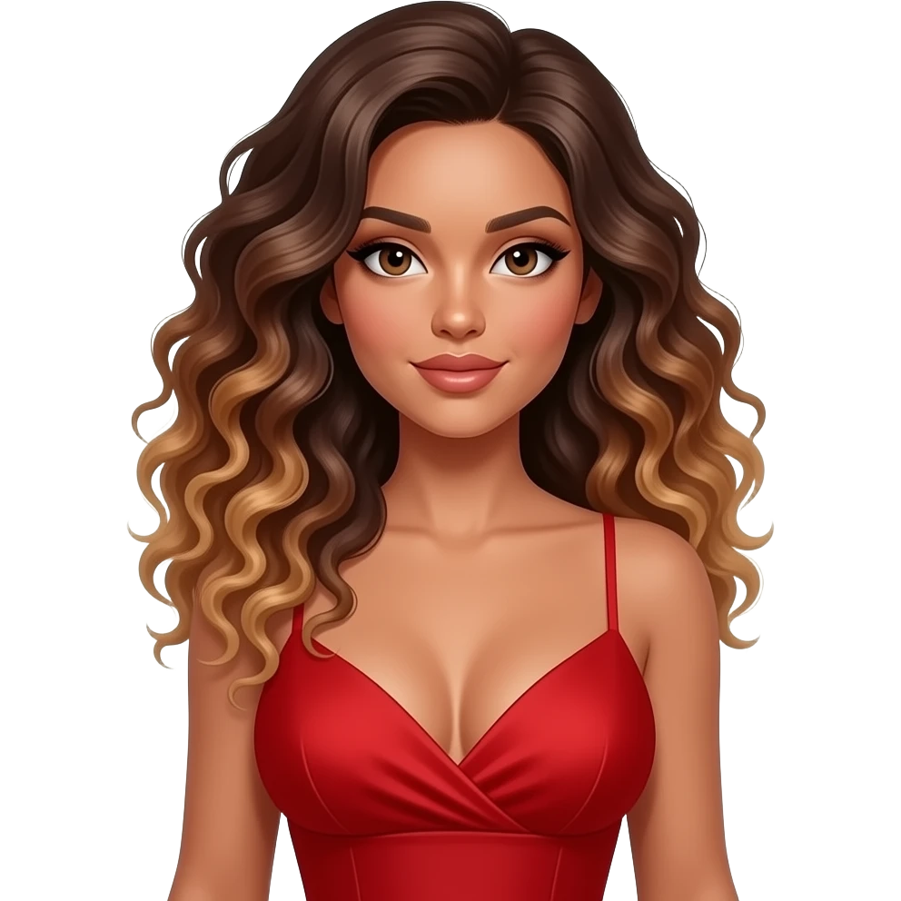 a supermodel with medium brown skin, dark brown eyes, a big bottom wearing a red dress with her hair immaculately styled curly brown hair and a caramel balayage with a good size bosom emoji