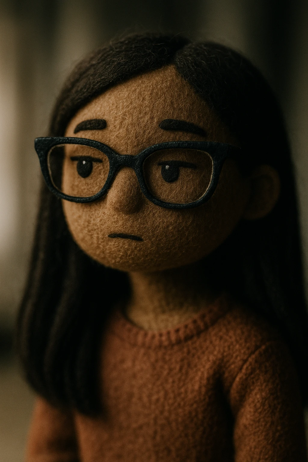 portrait of a young brown girl with long dark brown hair, dark brown eyes, wearing black squared cat eye glasses, looking thoughtful, neutral background emoji