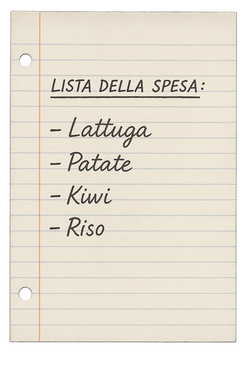 FOGLIO DI CARTA A RIGHE CON LISTA DELLA SPESA SCRITTA A PENNA:
"LISTA DELLA SPESA:
- Lattuga
- Patate
- Kiwi
- Riso", iperealistico 4k emoji