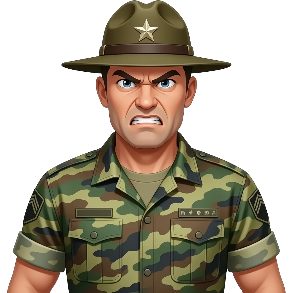 white sergeant character wearing a classic drill sergeant hat and a urban camouflage army shirt. The character should have an angry intense expression. full torso and arms emoji