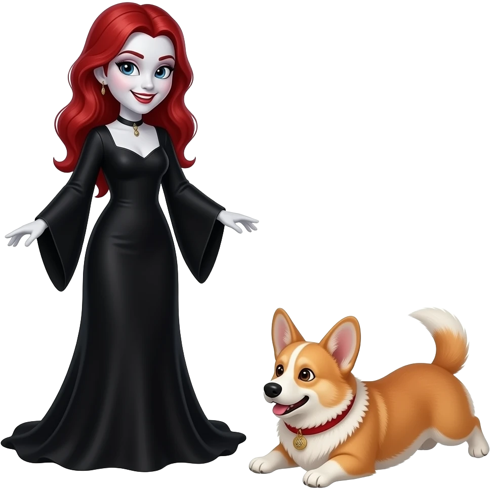 Vampiro femmina ADOLESCENTE con pelle bianca e capelli rossi indossa un vestito lungo nero con le maniche larghe lunghe ed è felice mentre guarda il suo Corgi rotolarsi emoji