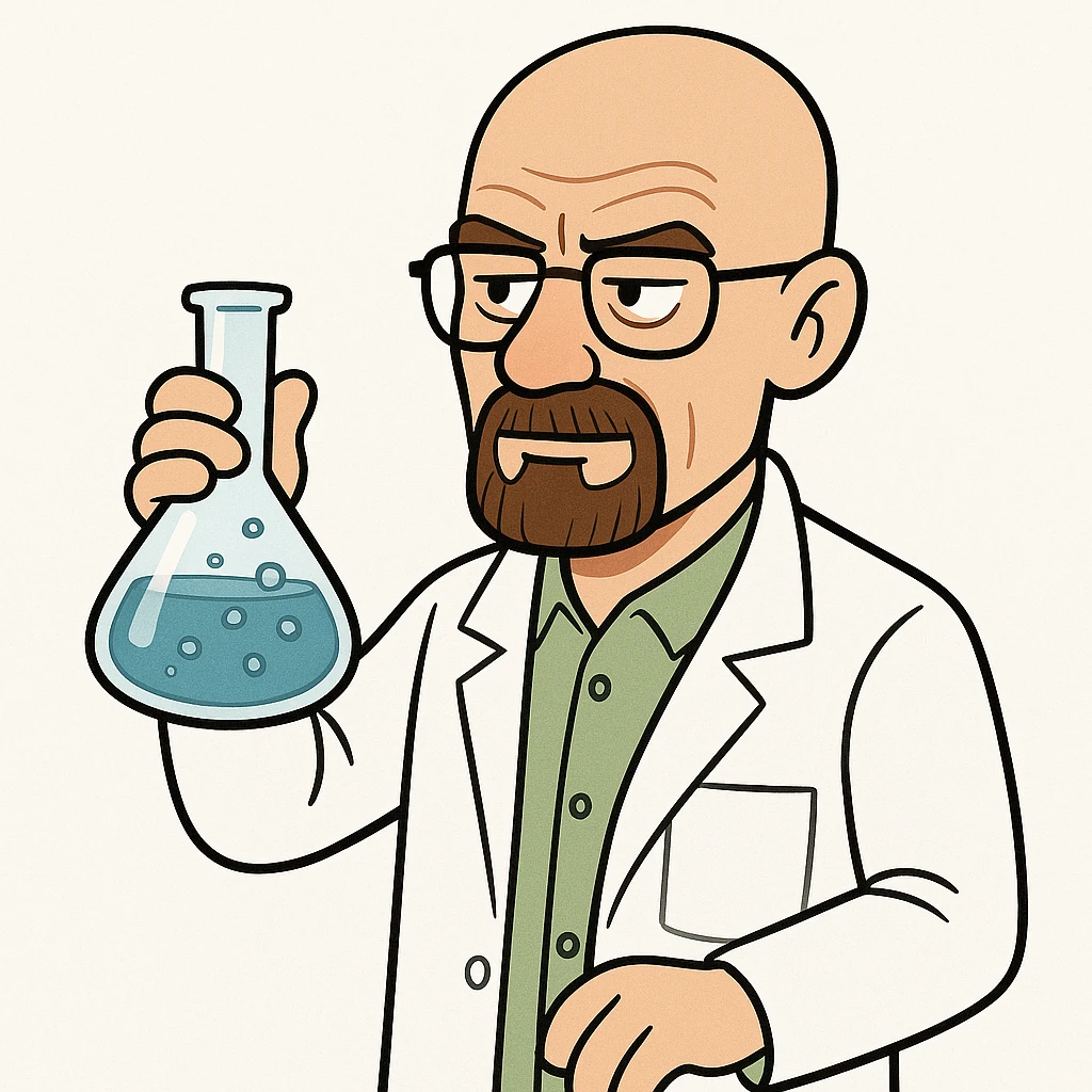 Walter White, cartoon style, bald, glasses, goatee, wearing a lab coat, holding a flask, white background emoji