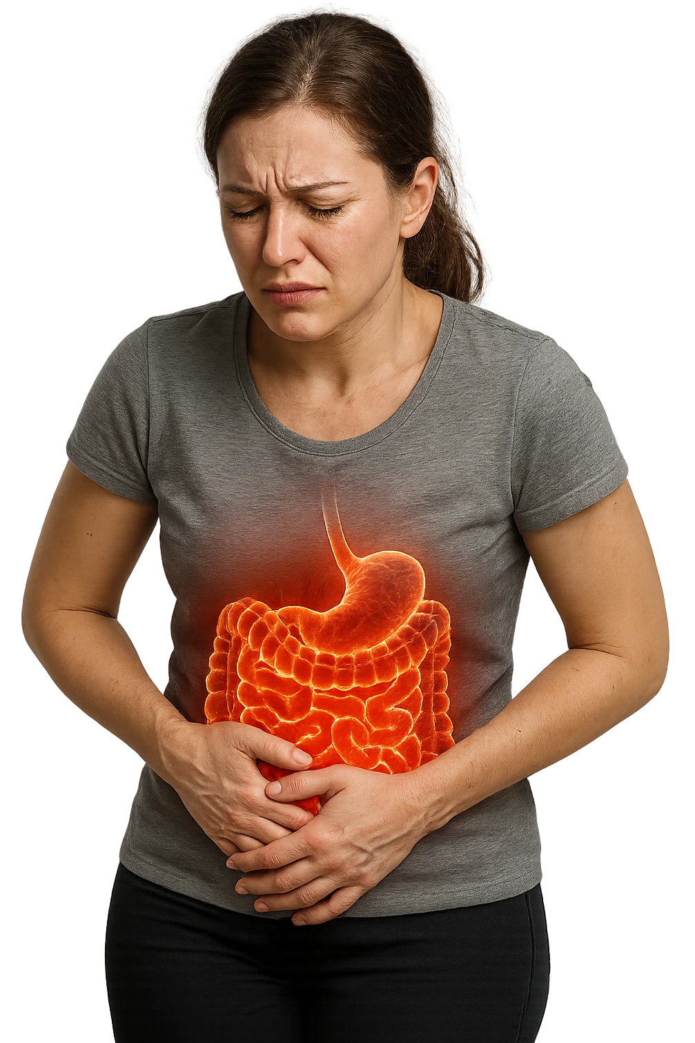 DONNA CON INTESTINO ANATOMICO REALISTICO IN EVIDENZA E MAL DI PANCIA, IPERREALISTICO 4K emoji