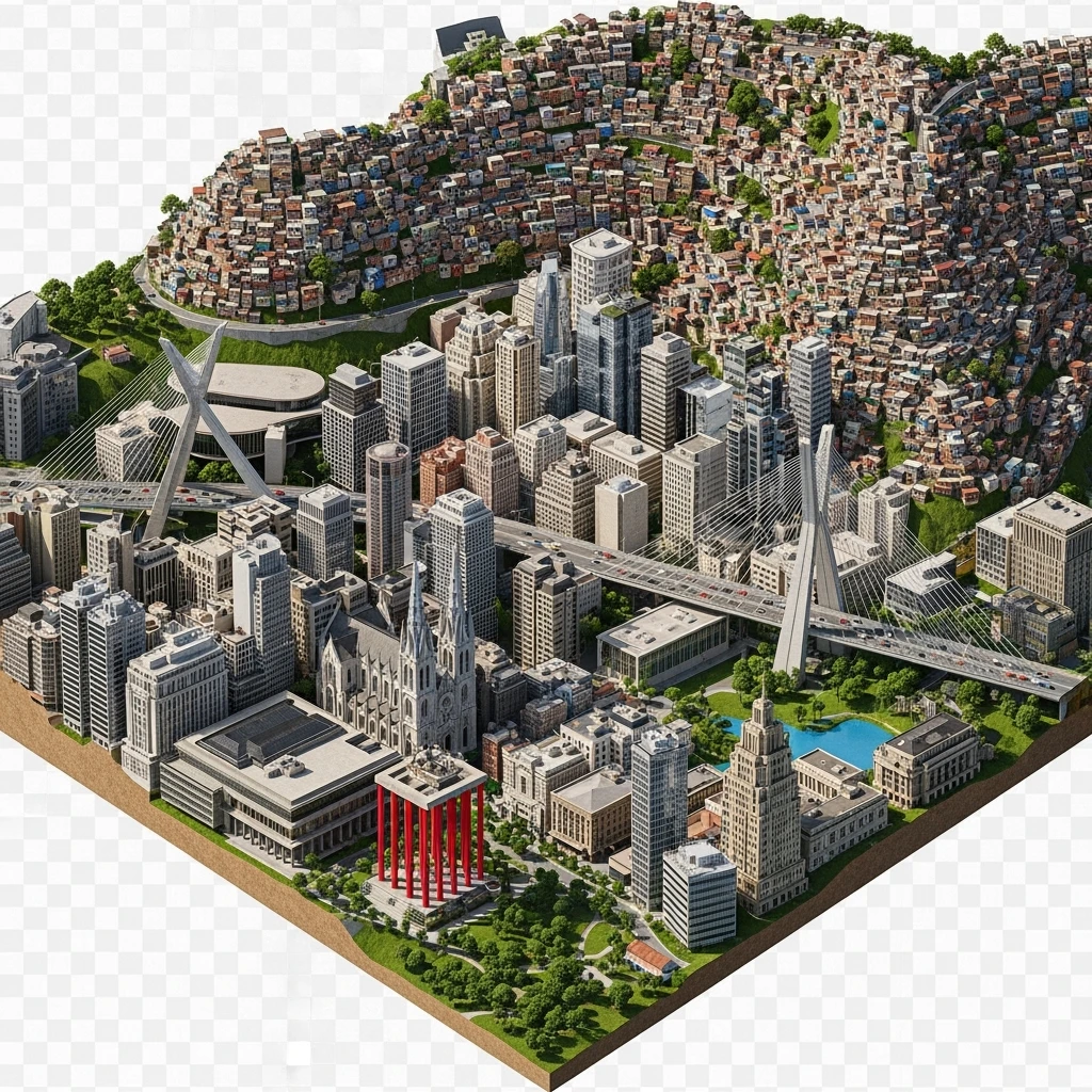 Isometric miniature of São Paulo Catedral da Sé, MASP on red pillars, Octávio Frias Bridge, and Altino Arantes building, favelas on hillsides, dense chaotic urban blocks, and green parks 3D miniature effect and Tilt Shift effect, no cartoonish look, transparent background. emoji