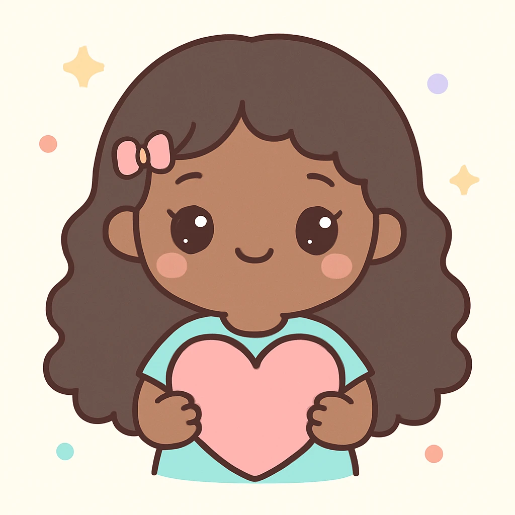 A cute black girl with long curly hair holding a pink heart, kawaii style, adorable, big eyes, pastel colors, sweet and charming emoji