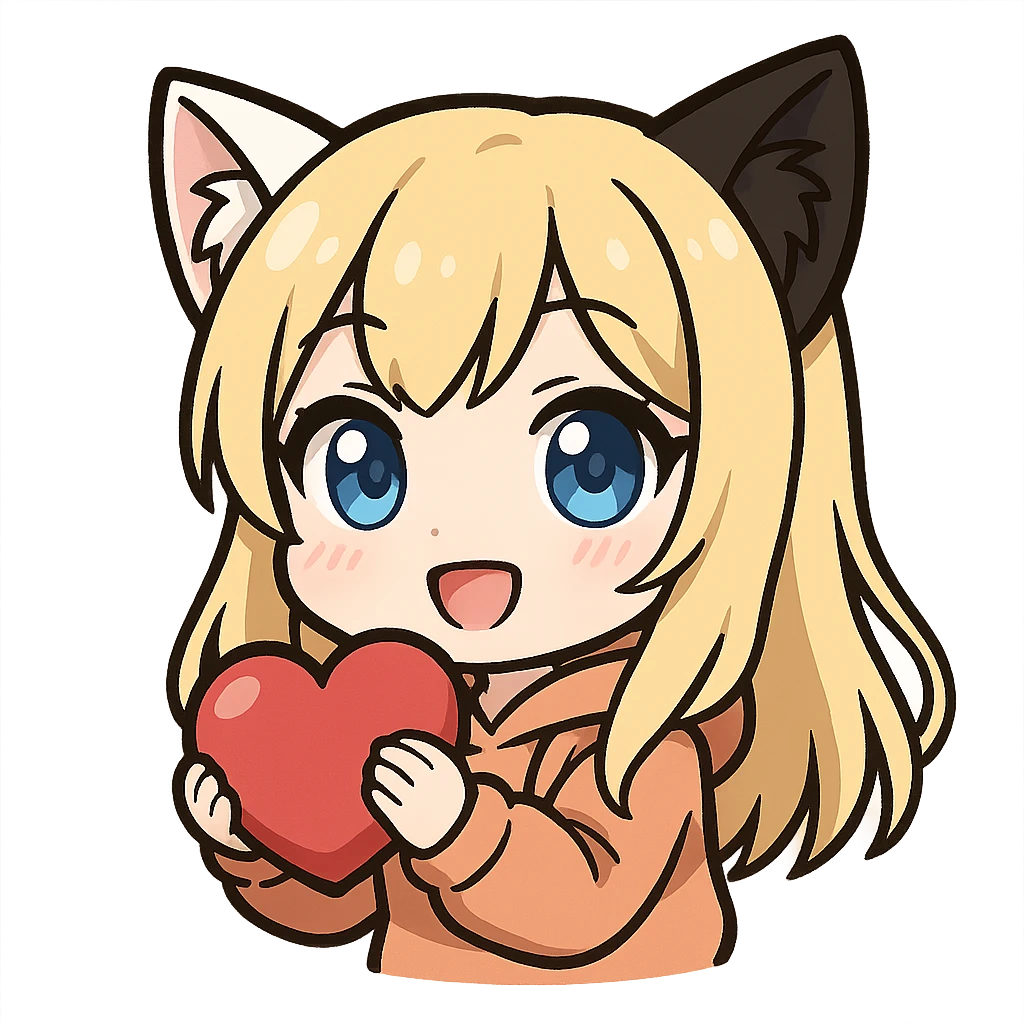 chibi anime catgirl with one white cat ear and one black cat ear, longer blonde hair, blue eyes, white skin, peach colored hoodie, cute, hugging a heart, twitch emote style, no background emoji