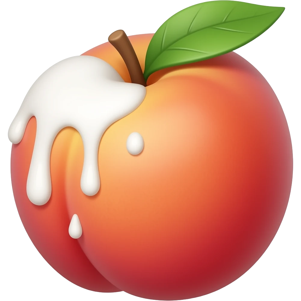 Make a peach with a hand mark on the side, white liquid dripping down in drops on the peach from top to bottom, emoji