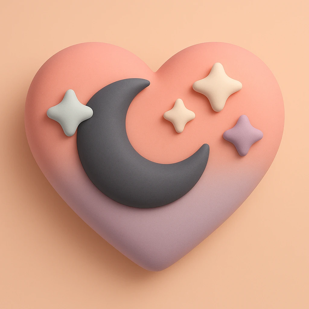 gothic heart with a dark moon and stars, mochi style emoji