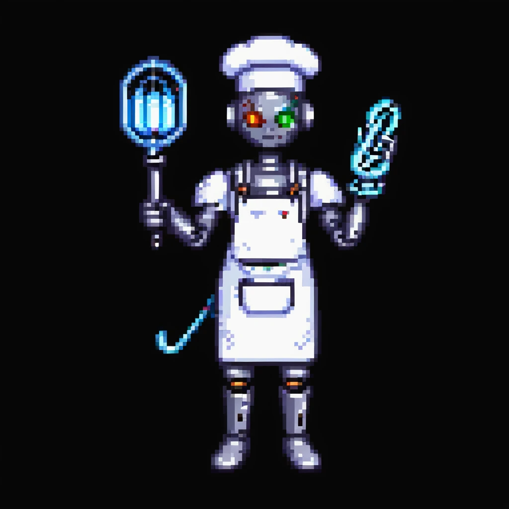 Portrait of a cyborg baker with a mechanical arm holding a whisk, glowing eyes, chrome apron, skeuomorphism style emoji