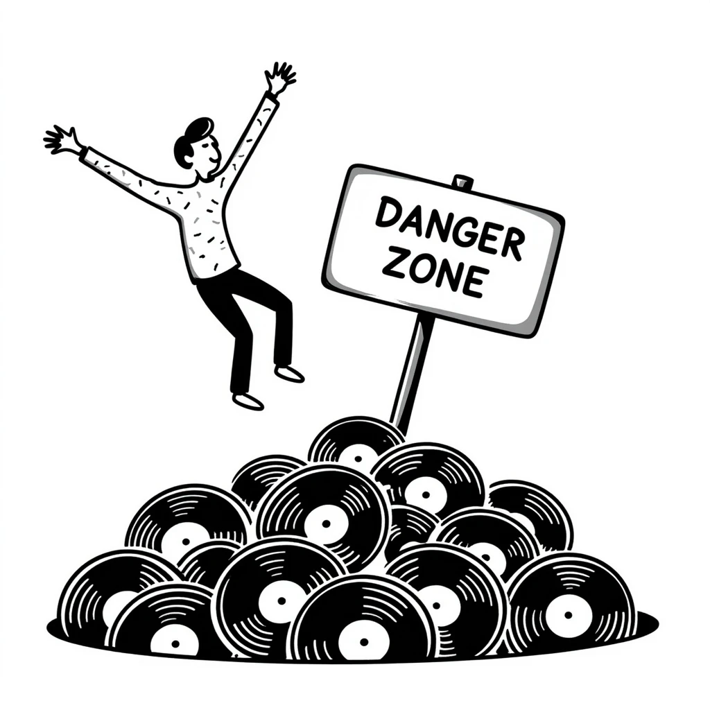 A stick figure falling into a pit full of vinyl records, like a 'Danger Zone' sign emoji