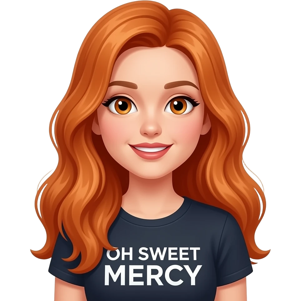 sexy girl with overlong ginger hair and ginger eyes a top with OH SWEET MERCY written on it emoji