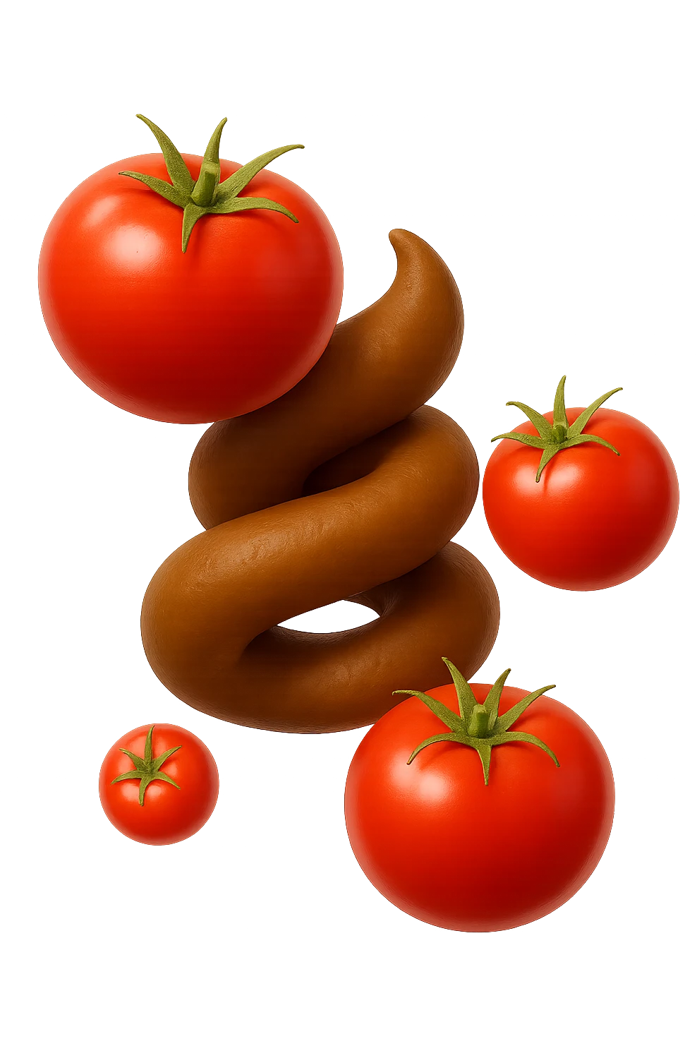 emoji stile iphone di pomodori che fluttuano in aria con colon attorcigliato intorno, iperrealistico 4k, isolato su sfondo bianco emoji