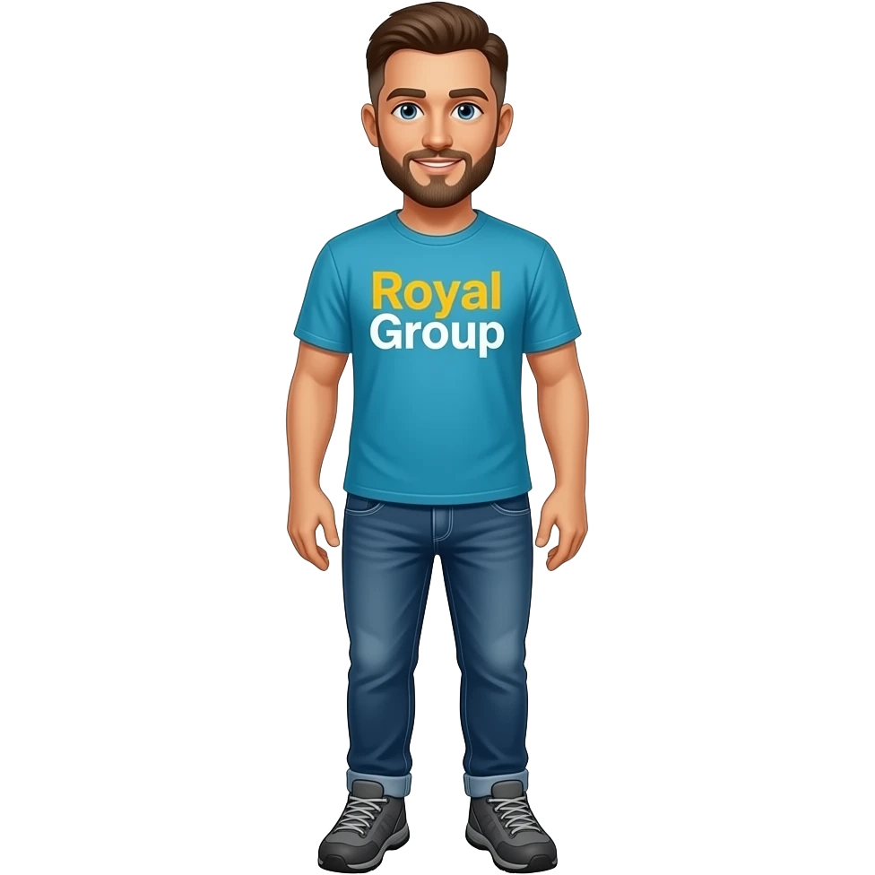 man in 30s, warm toned skin, blue eyes, buzzcut hair and beard, aqua blue t-shirt, jeans, dark grey hiking sneakers, t-shirt has a two-word string: "RoyalGroup", the word 'Royal' is goldenrod yellow and 'Group' is white - these two words are connected emoji