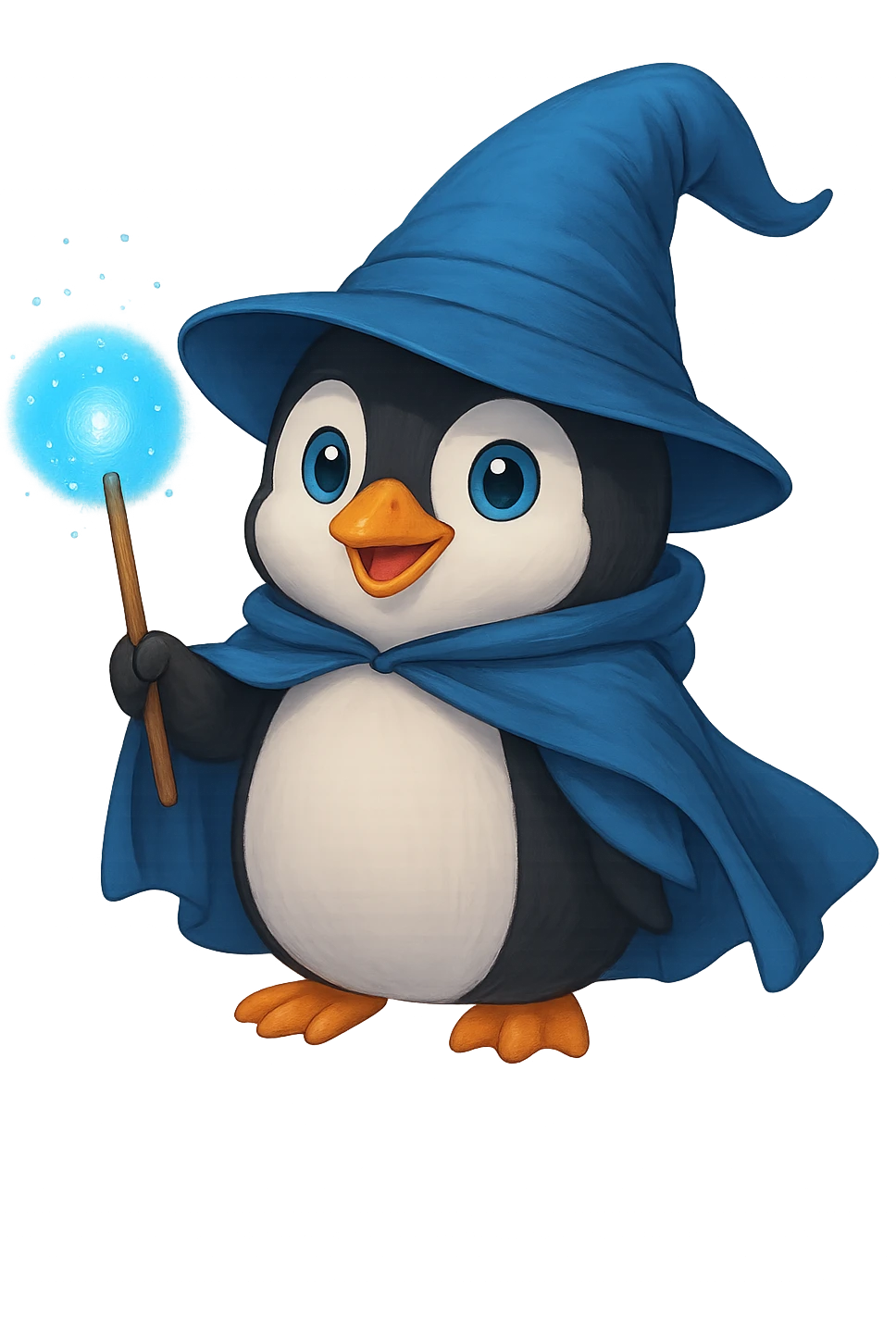 A penguin wizard with a pointy hat and a magic wand and a blue cape with no background emoji