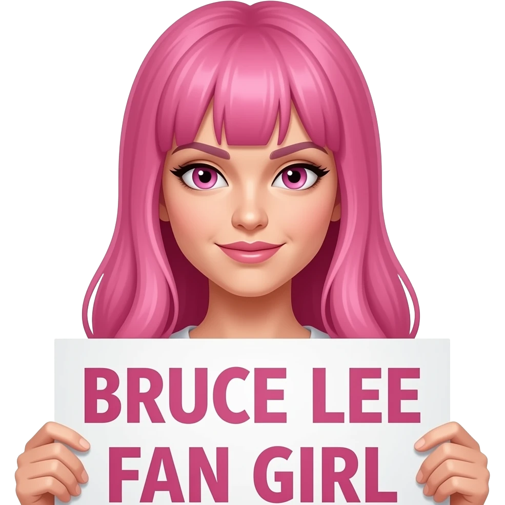 sexy girl with long pink hair and pink eyes holding BRUCE LEE FAN GIRL sign emoji