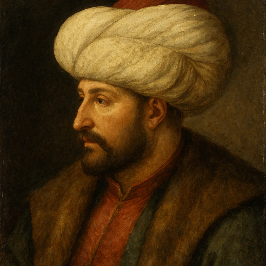 Fatih Sultan Mehmet, Ottoman sultan, with a trimmed beard and decorated turban, historical painting style emoji