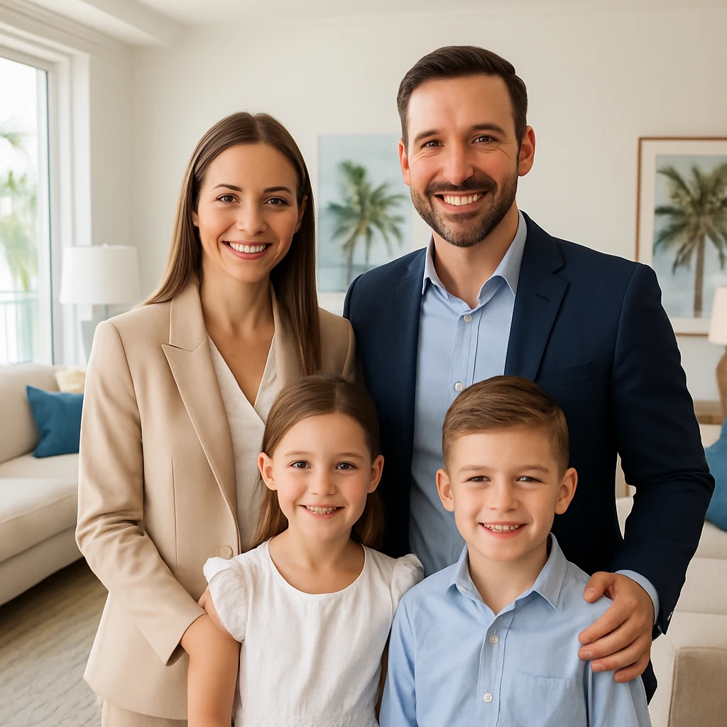 Foto hiper realista que refleje a nuestro cliente ideal de real estate: familias profesionales que desean mudarse a Miami o adquirir una segunda residencia. Familia tradicional de madre, padre, hijo e hija. emoji