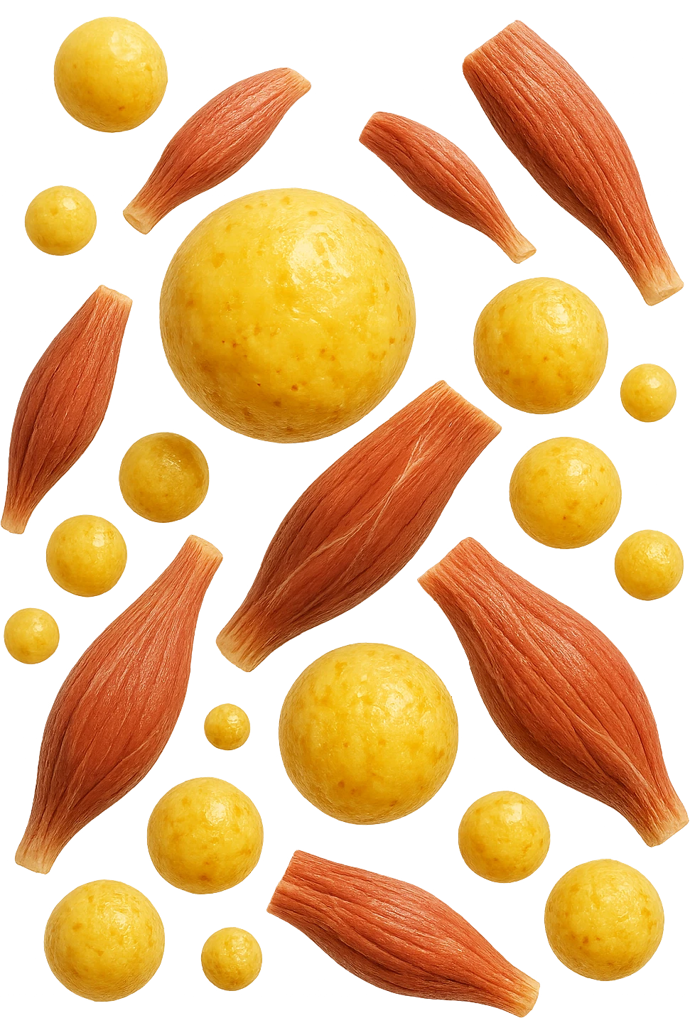 cellule di grasso gialle fluttuano in aria insieme a porzioni di tessuto muscolare umano realistico emoji