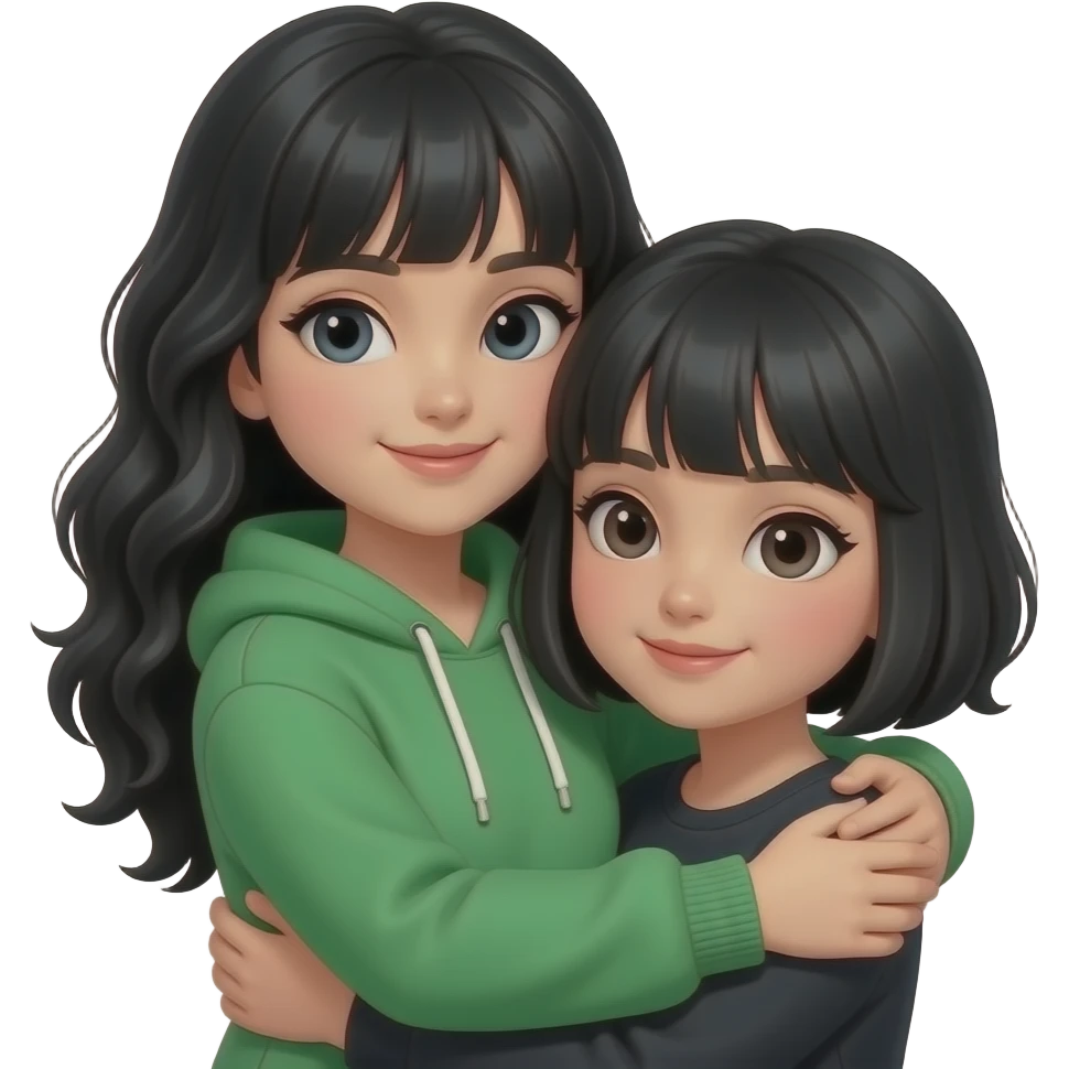 a girl w green hoddie, black wavy tall hair w curtain bangs! hugging another girl w black short hair n bangs emoji
